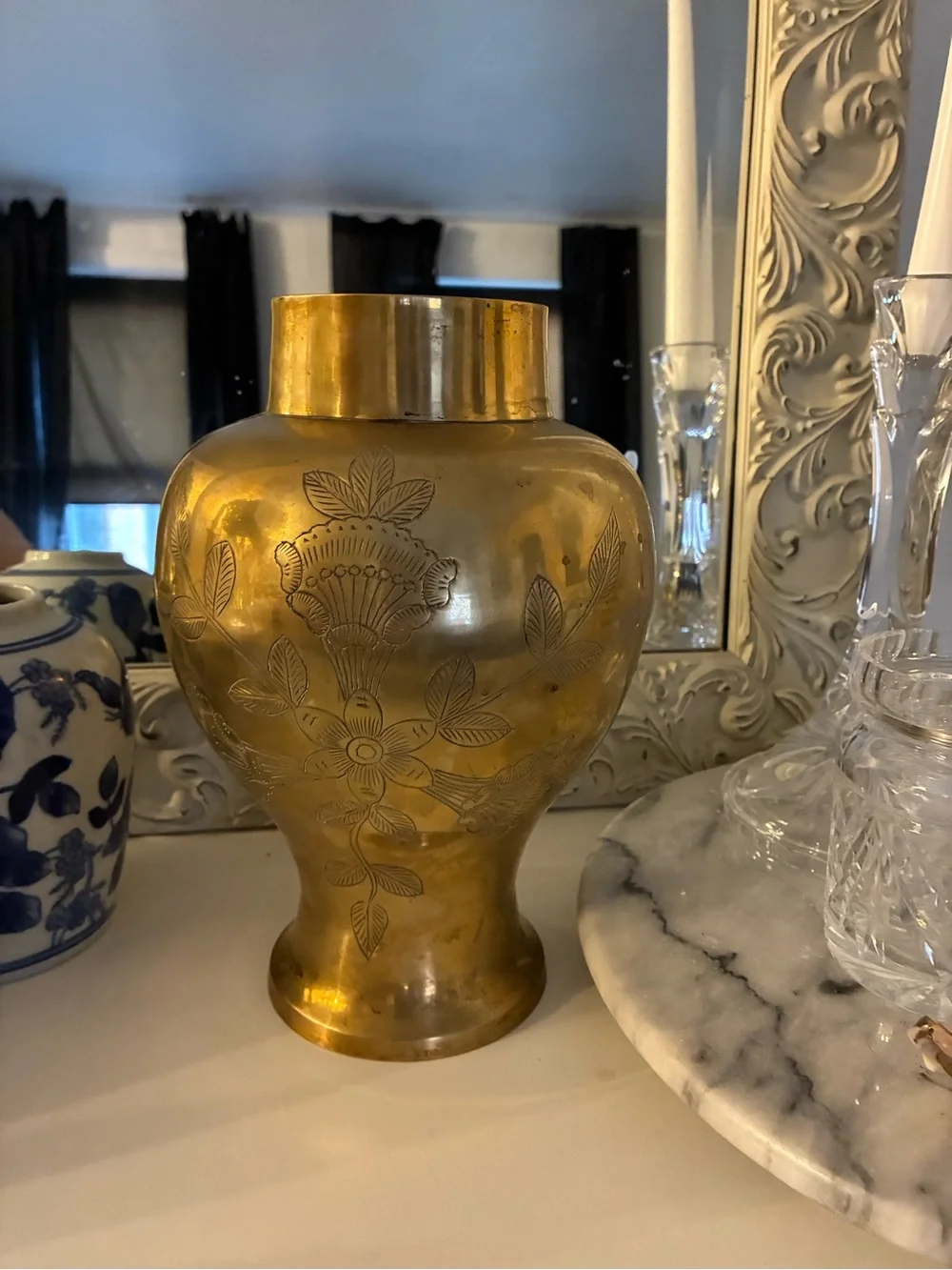 Vintage Etched Brass Patina Vase |Grandmillennial Coastal Grandma Decor Heritage